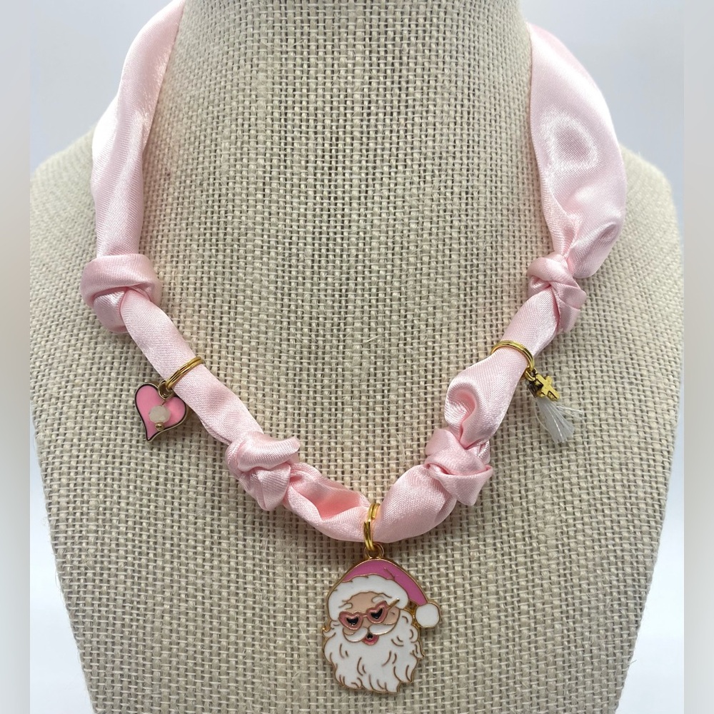 Pink Solid Satin Scarf Charm Necklace w/ Gold Charms Preppy Cottagecore Feminine